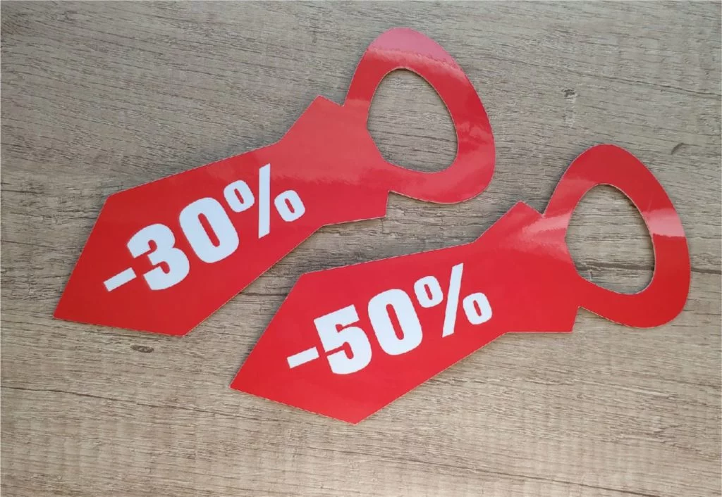 Изготовление бирок с логотипом на заказ, красные воблеры -30% и -50%