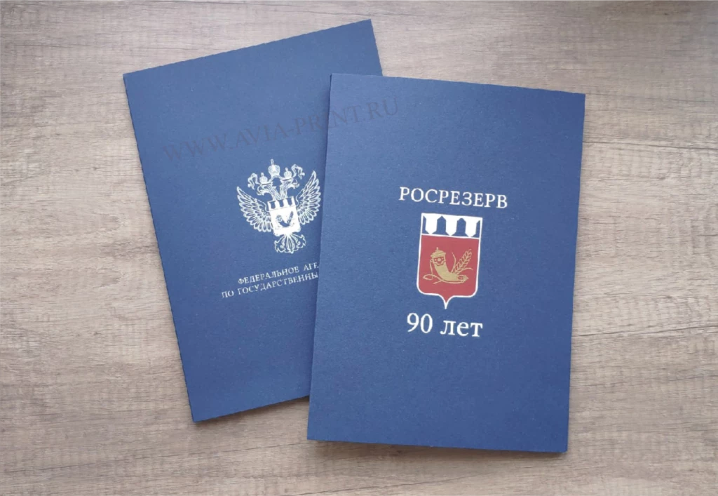 Трафаретная печать папок шелкографией серебром Росрезерв 90 лет на синем